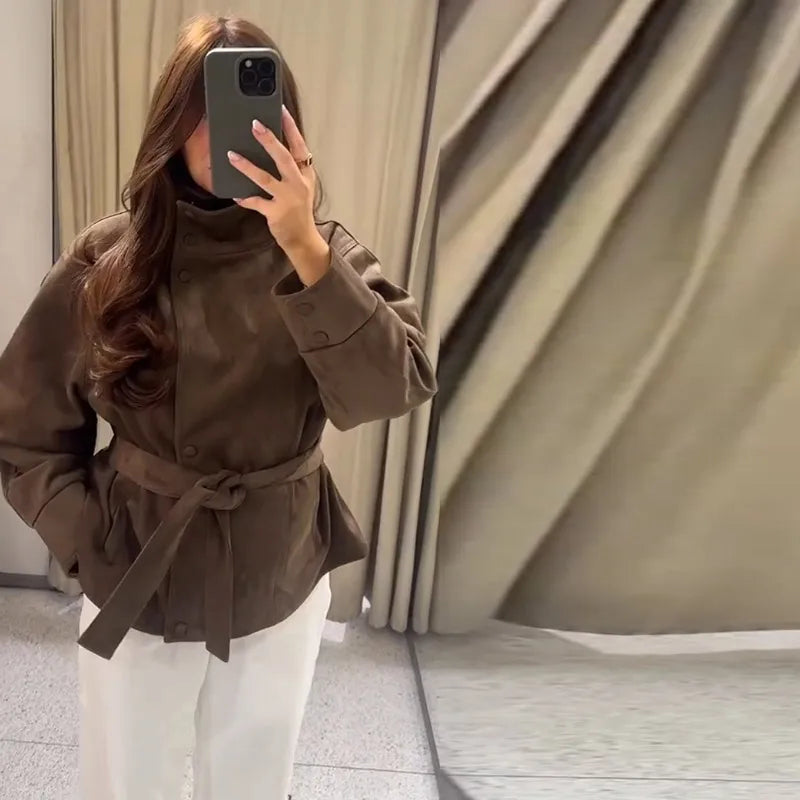 Women's Brown Suede Jacket with Tie Belt