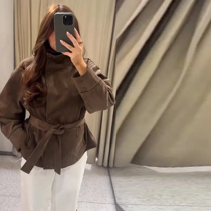 Women's Belted Suede High Collar Jacket — Brown