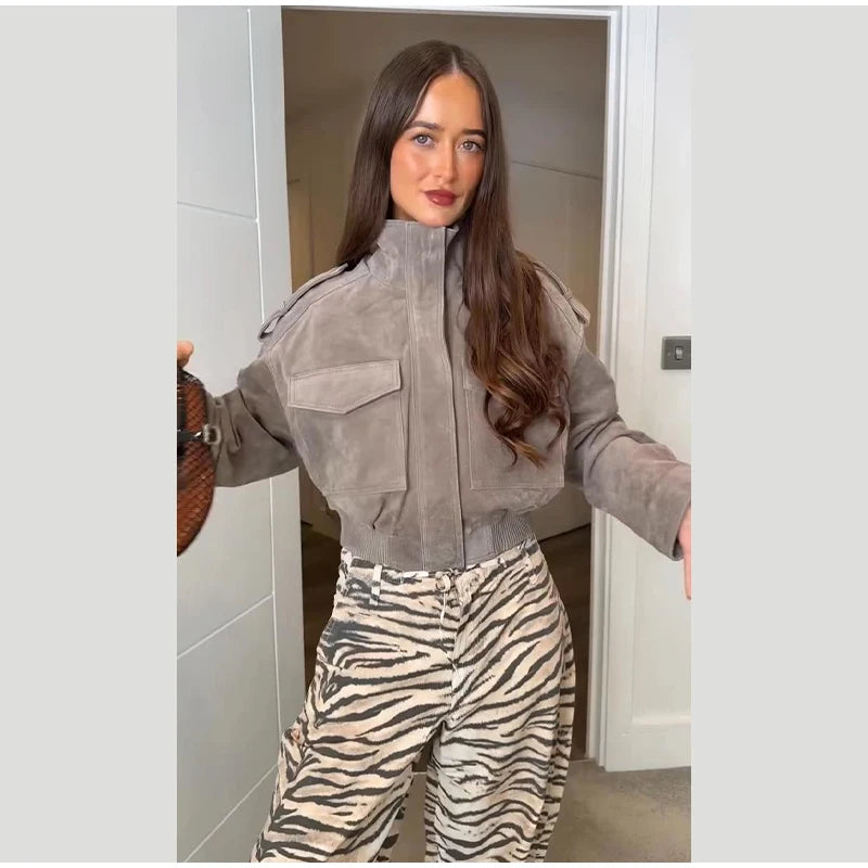 Women's Cropped Suede Bomber Jacket — Gray