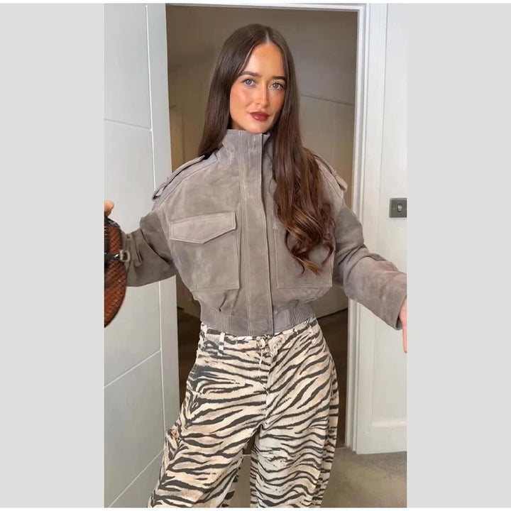 Women's Cropped Suede Bomber Jacket — Gray