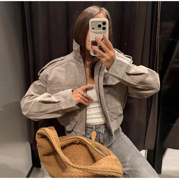 Women's Cropped Suede Bomber Jacket — Gray
