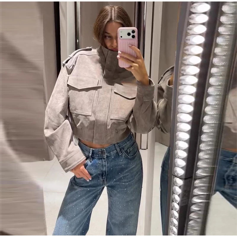 Women's Cropped Suede Bomber Jacket — Gray
