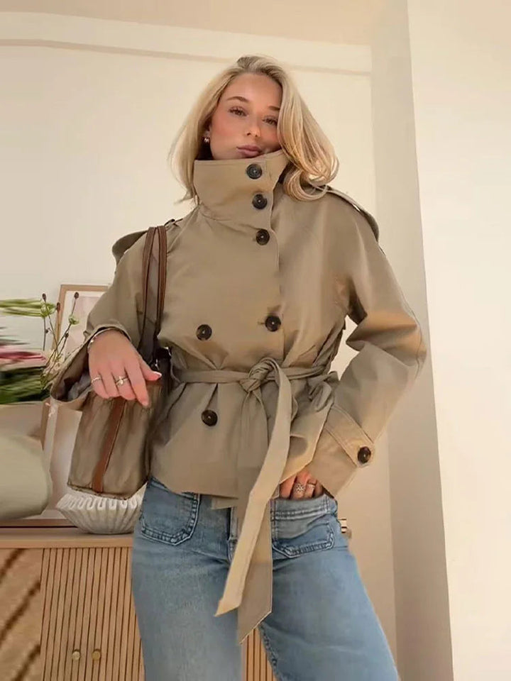 Women's Khaki Cropped Belted Trench Jacket