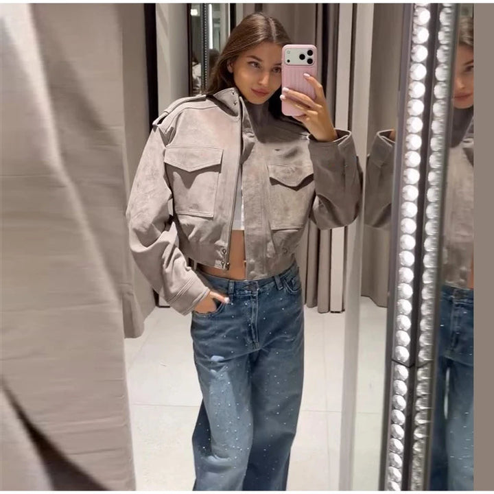 Women's Cropped Suede Bomber Jacket — Gray