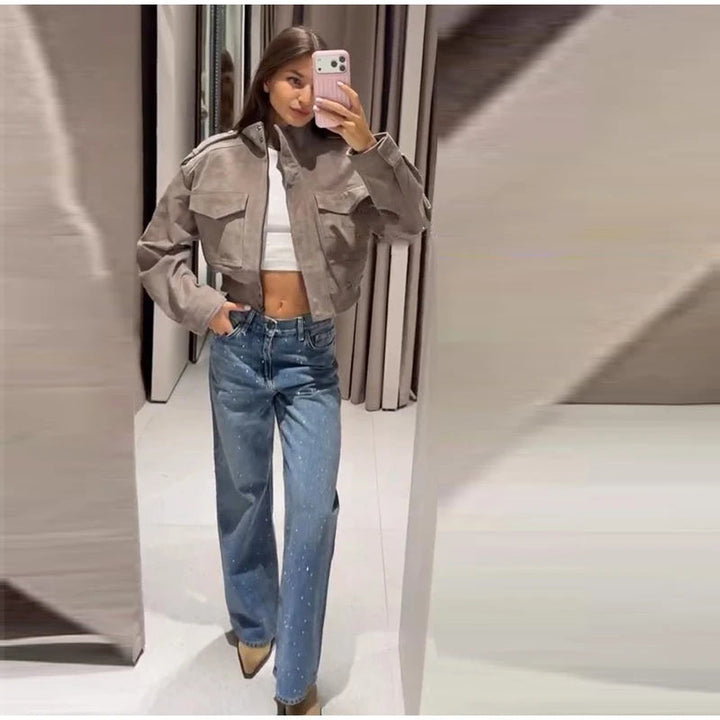 Women's Cropped Suede Bomber Jacket — Gray