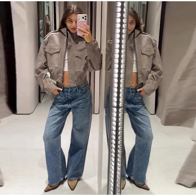 Women's Cropped Suede Bomber Jacket — Gray