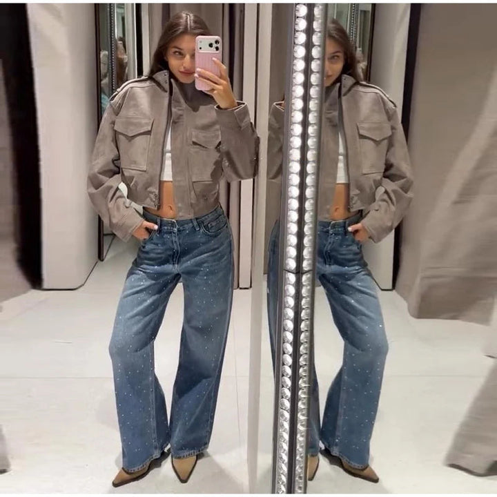 Women's Cropped Suede Bomber Jacket — Gray