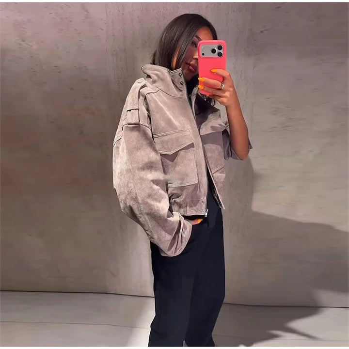 Women's Cropped Suede Bomber Jacket — Gray