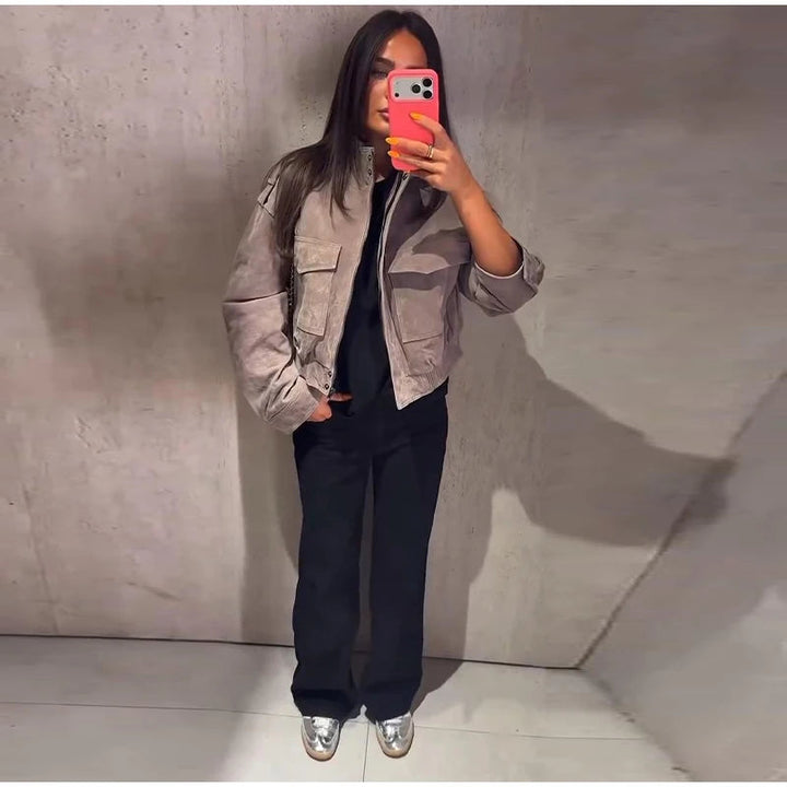 Women's Cropped Suede Bomber Jacket — Gray
