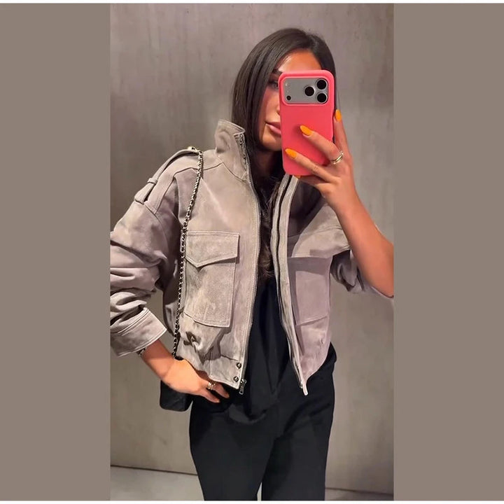 Women's Cropped Suede Bomber Jacket — Gray