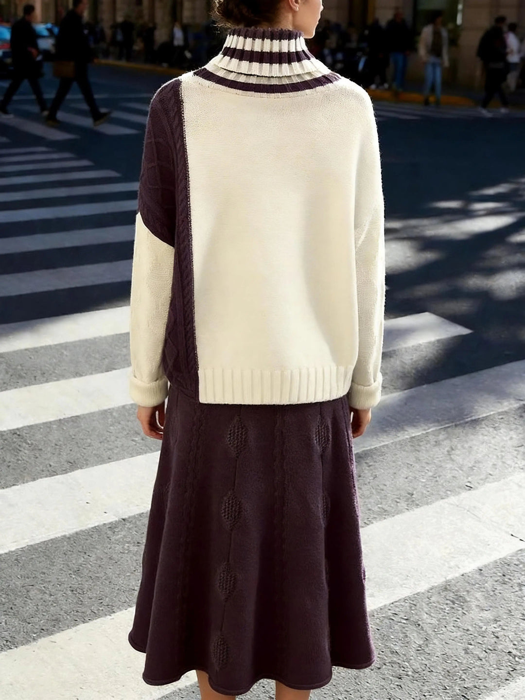 Women's Color Block Turtleneck Sweater & A Line Midi Skirt Set