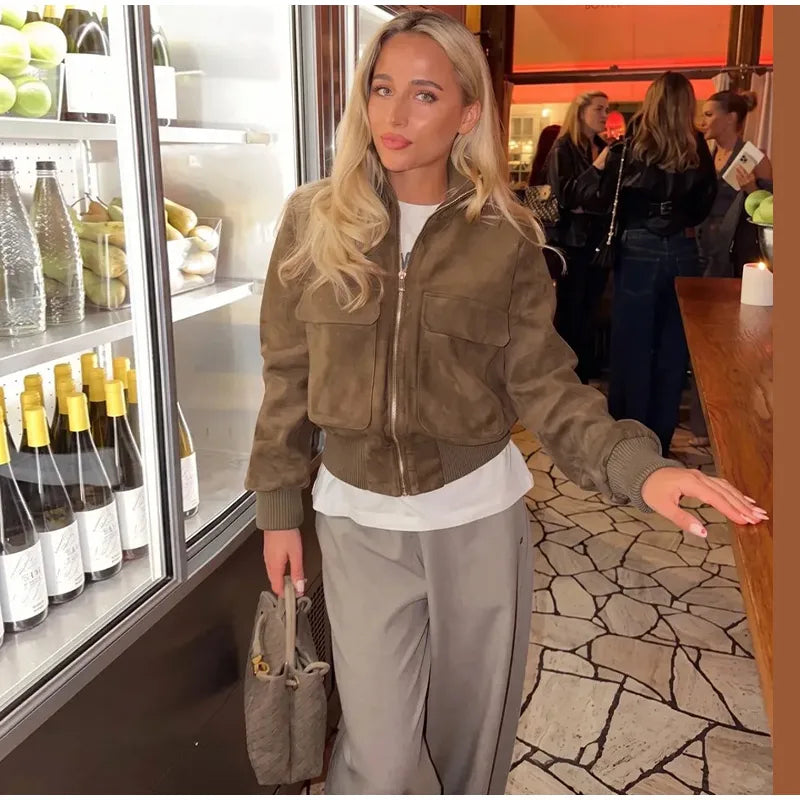Women's Cropped Suede Bomber Jacket — Brown