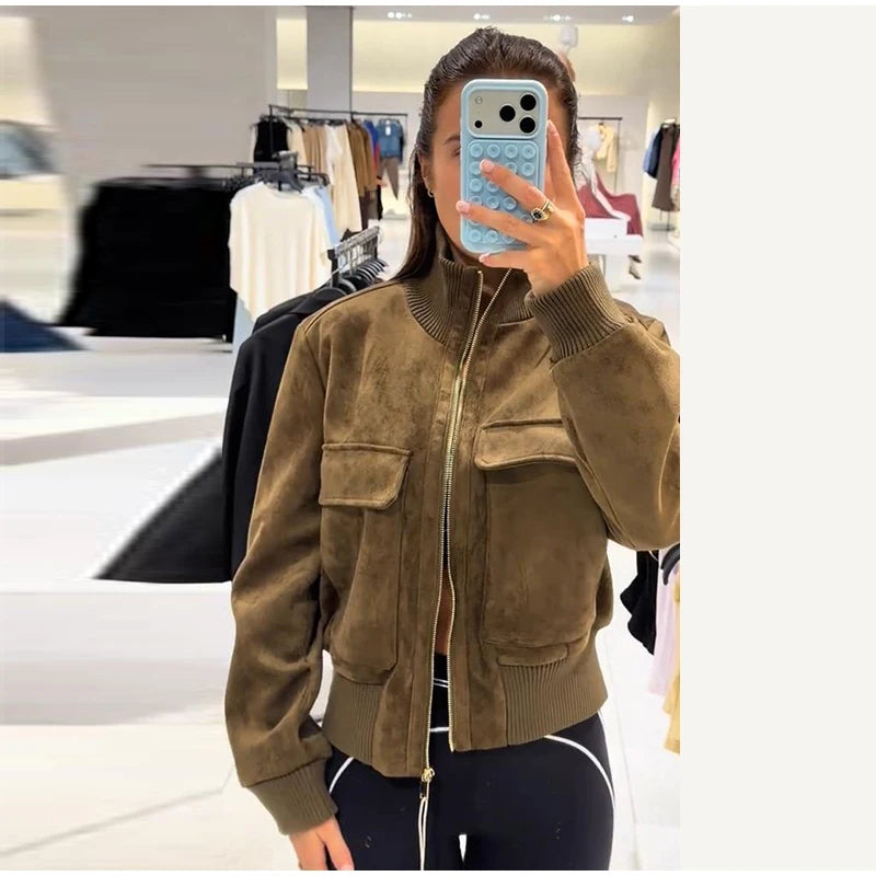 Women's Cropped Suede Bomber Jacket — Brown
