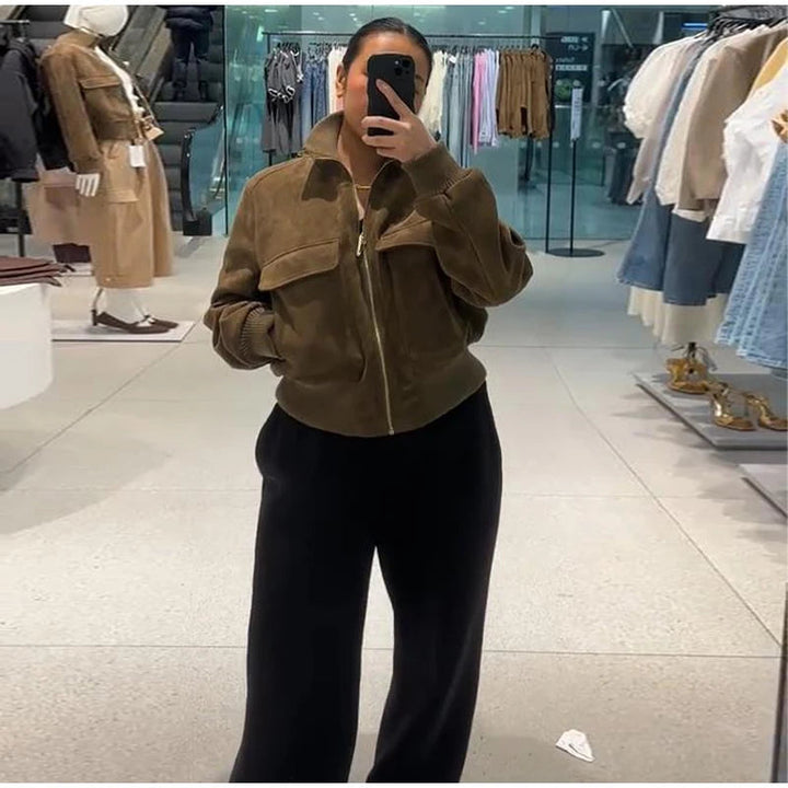 Women's Cropped Suede Bomber Jacket — Dark Brown