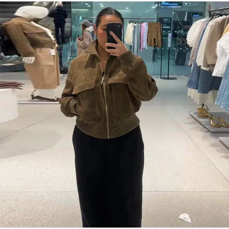 Women's Cropped Suede Bomber Jacket — Dark Brown
