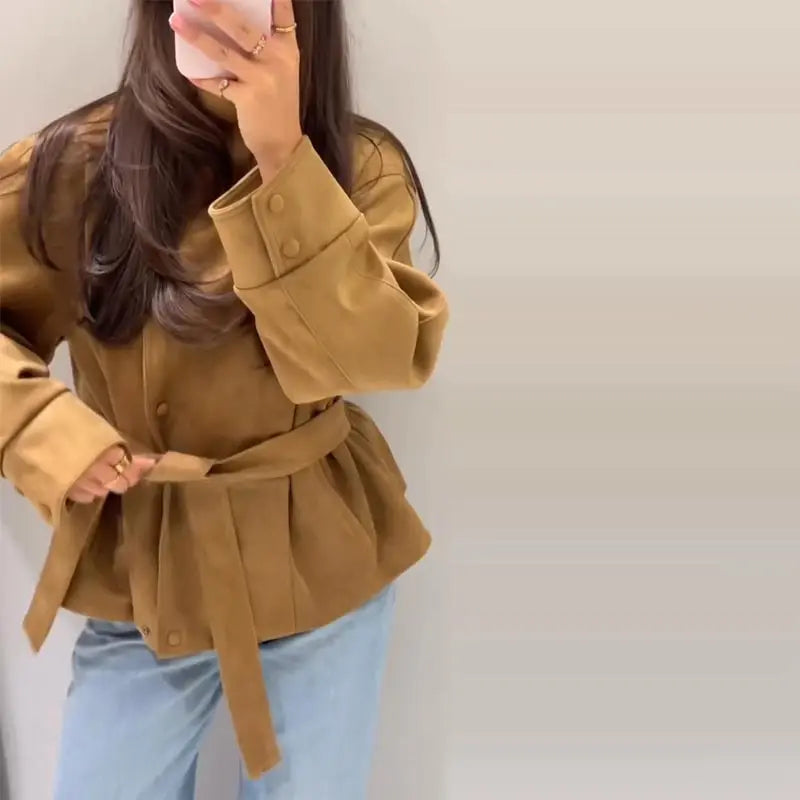 Women's Khaki Suede Jacket with Tie Belt