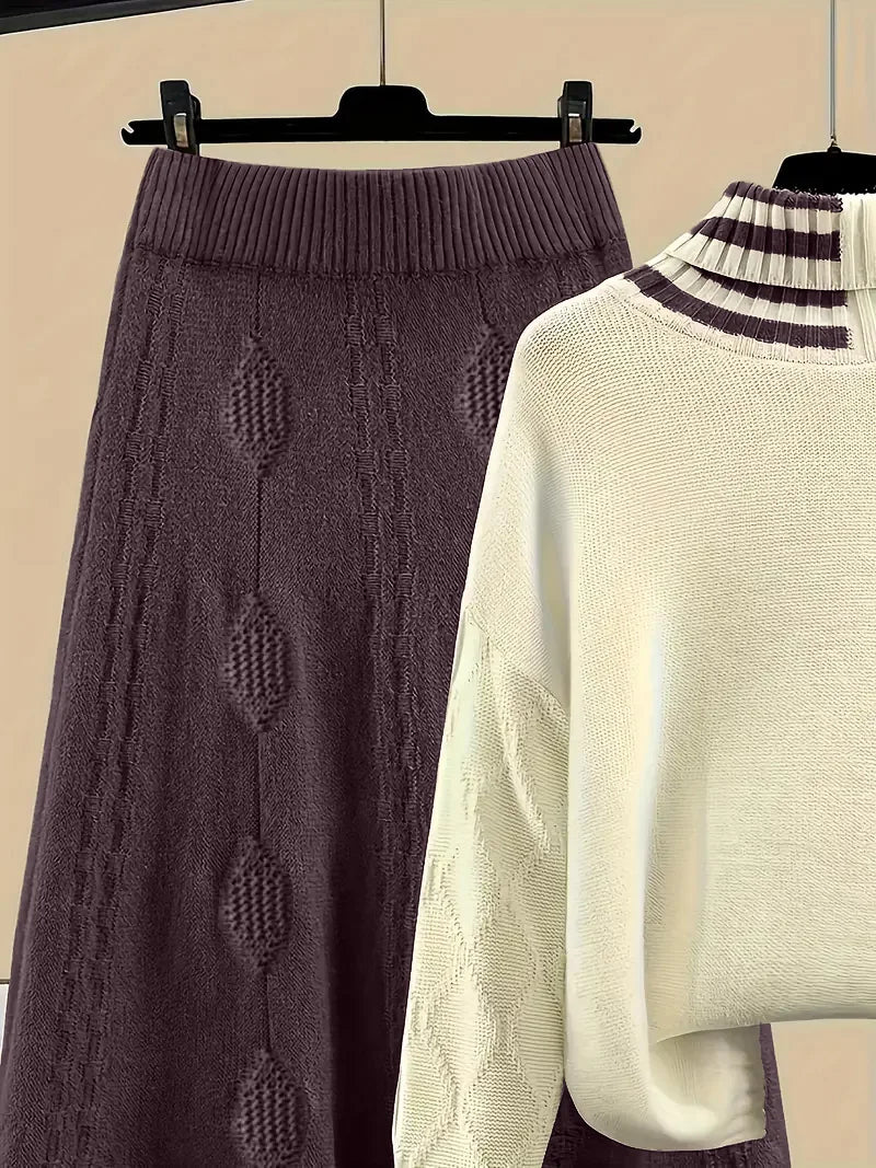 Women's Color Block Turtleneck Sweater & A Line Midi Skirt Set