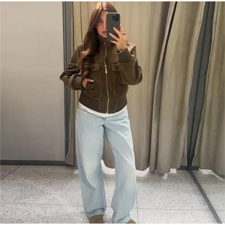 Women's Cropped Suede Bomber Jacket — Dark Brown
