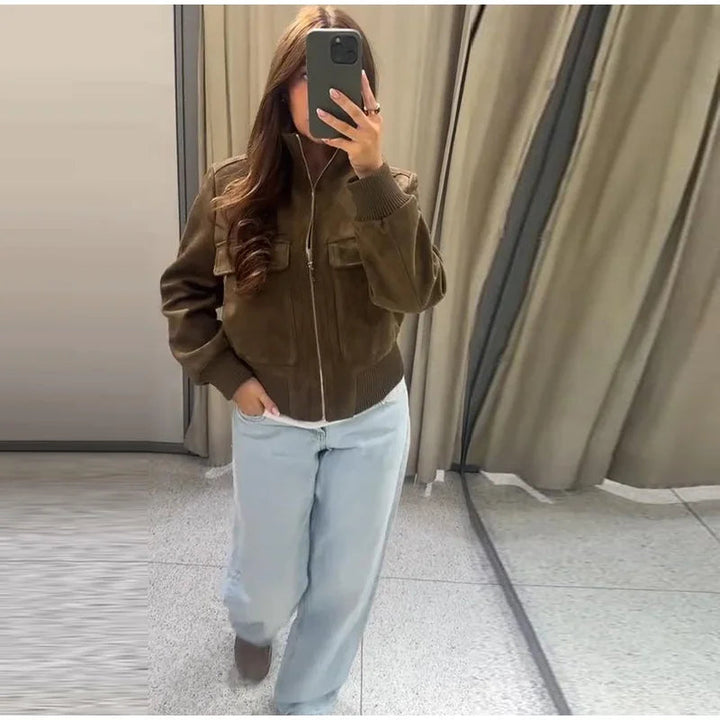 Women's Cropped Suede Bomber Jacket — Dark Brown