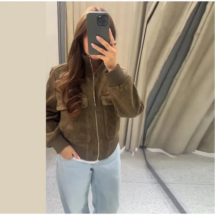 Women's Cropped Suede Bomber Jacket — Dark Brown