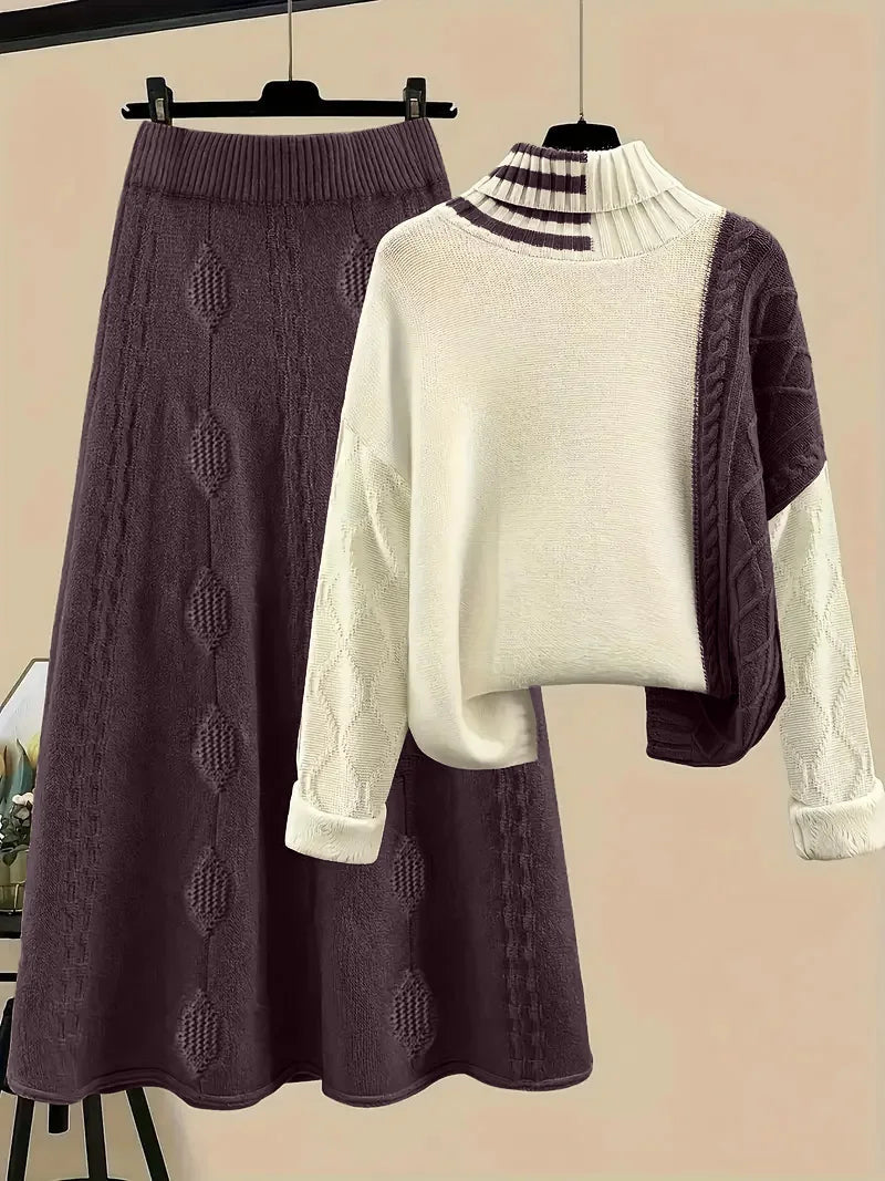 Women's Knit Set with Color Block Turtleneck