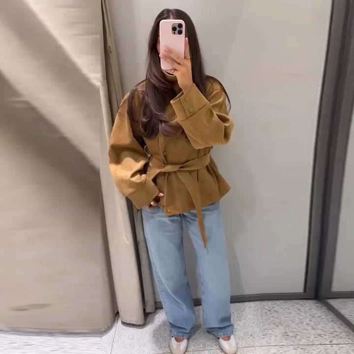Women's Khaki Suede Jacket with Tie Belt