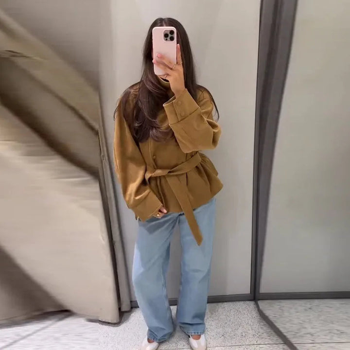 Women's Belted Suede High Collar Jacket — Khaki