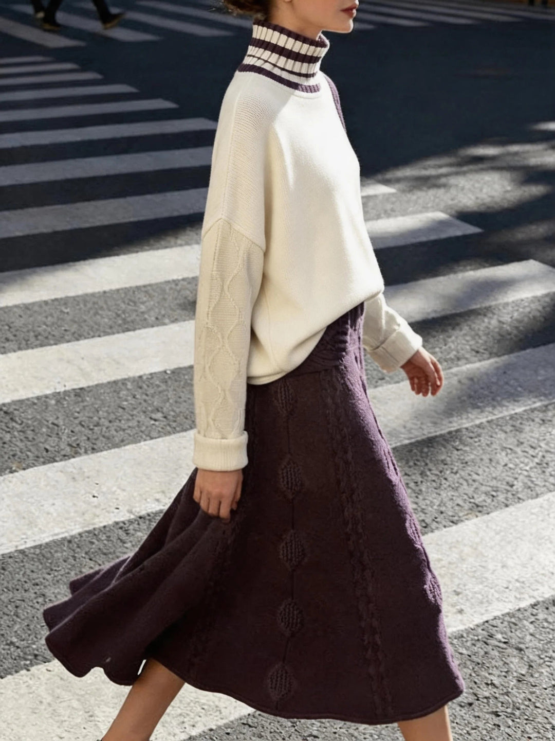 Women's Color Block Turtleneck Sweater & A Line Midi Skirt Set