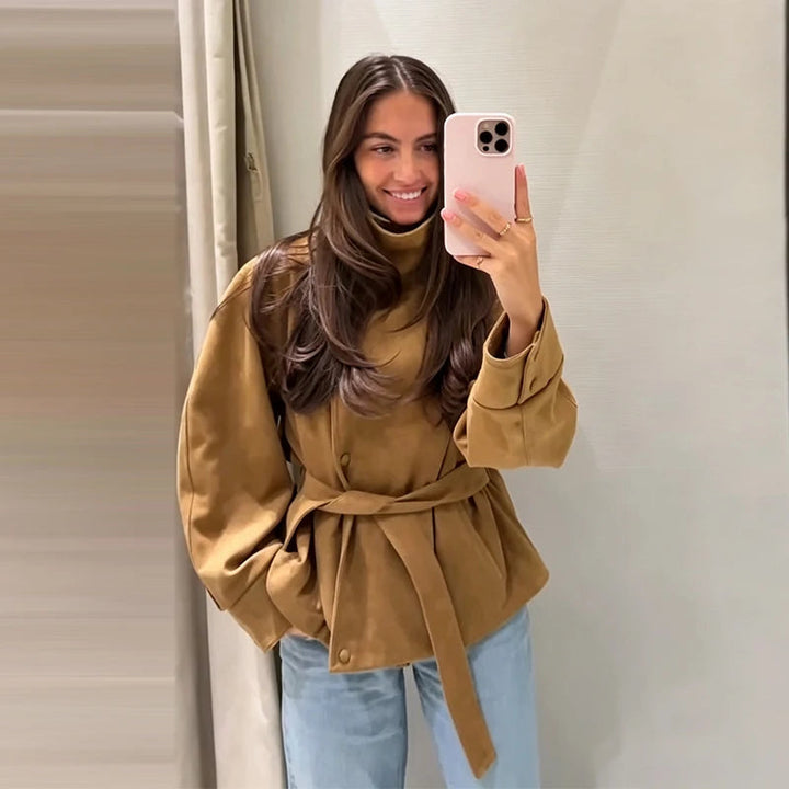 Women's Belted Suede High Collar Jacket — Khaki
