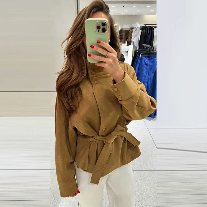 Women's Belted Suede High Collar Jacket — Khaki