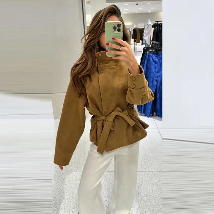 Women's Khaki Suede Jacket with Tie Belt