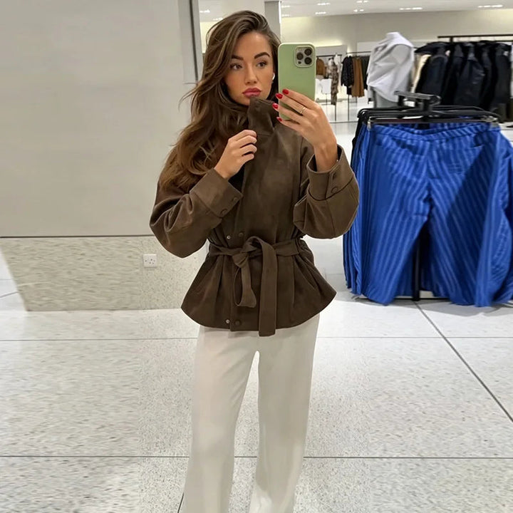 Women's Belted Suede High Collar Jacket — Brown