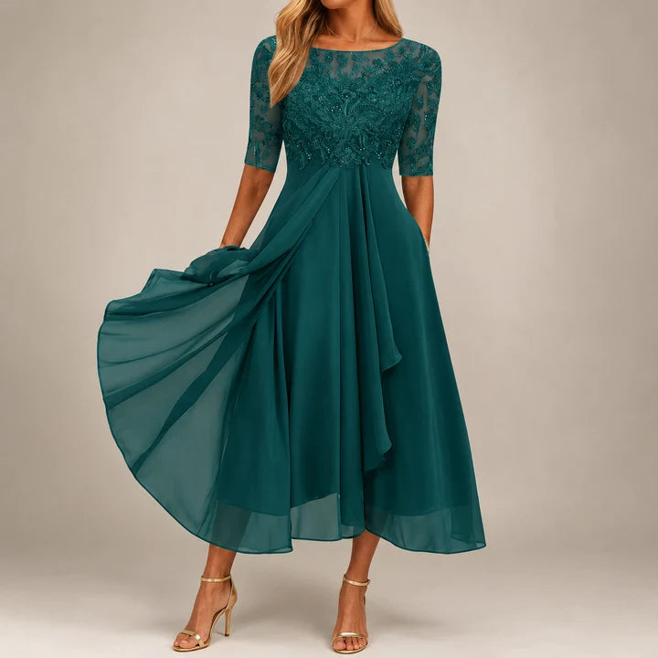 Midi Lace Dress with Sheer Elbow Sleeves