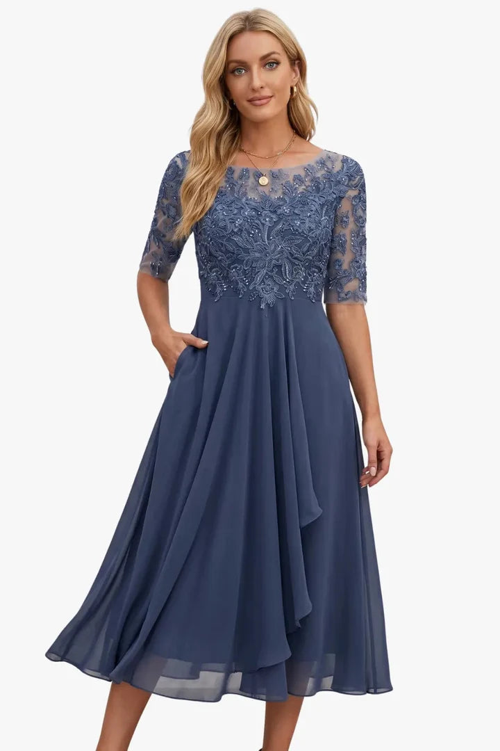Midi Lace Dress with Sheer Elbow Sleeves