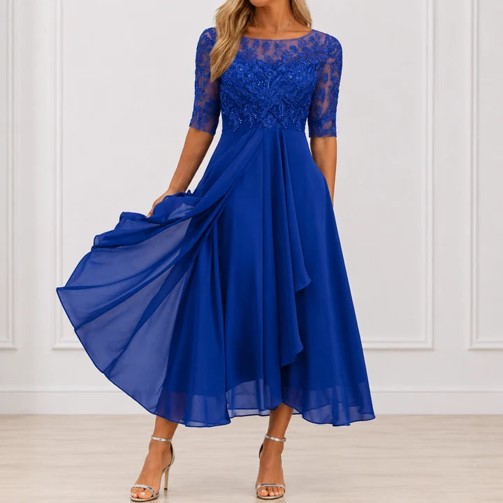 Midi Lace Dress with Sheer Elbow Sleeves