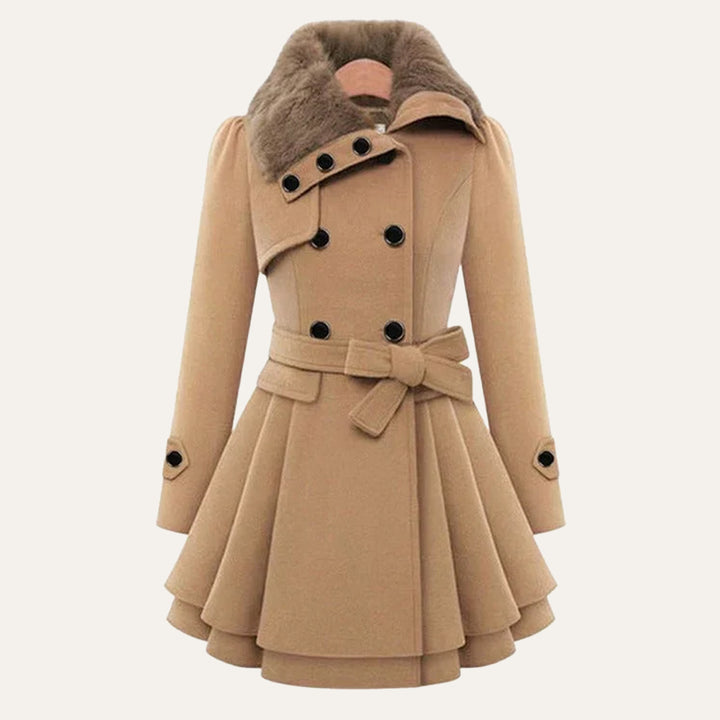 Women's Fur Collar Peacoat – Elegant Belted Fit & Flare Winter Coat