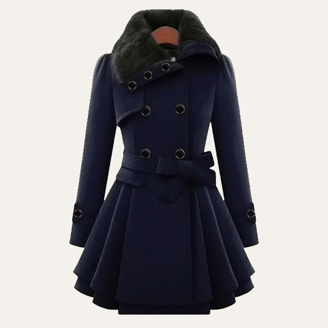 Women's Fur Collar Peacoat – Elegant Belted Fit & Flare Winter Coat