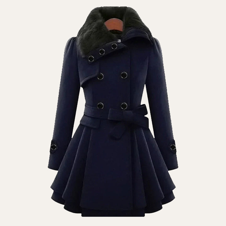 Women's Fur Collar Peacoat – Elegant Belted Fit & Flare Winter Coat