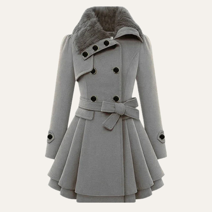 Women's Fur Collar Peacoat – Elegant Belted Fit & Flare Winter Coat