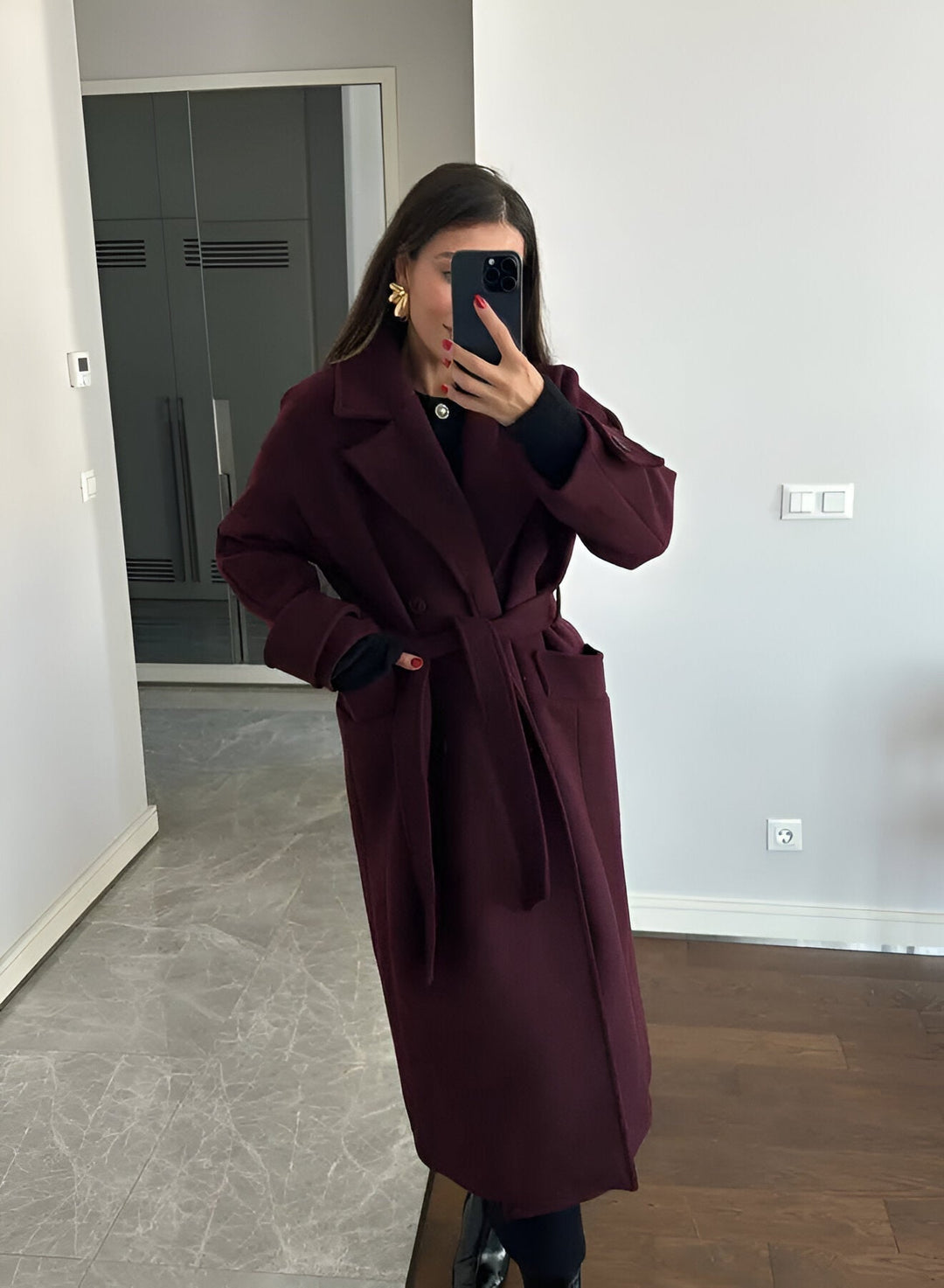 Women's Burgundy Long Wool Blend Trench Coat – Belted Double Breasted Winter Overcoat