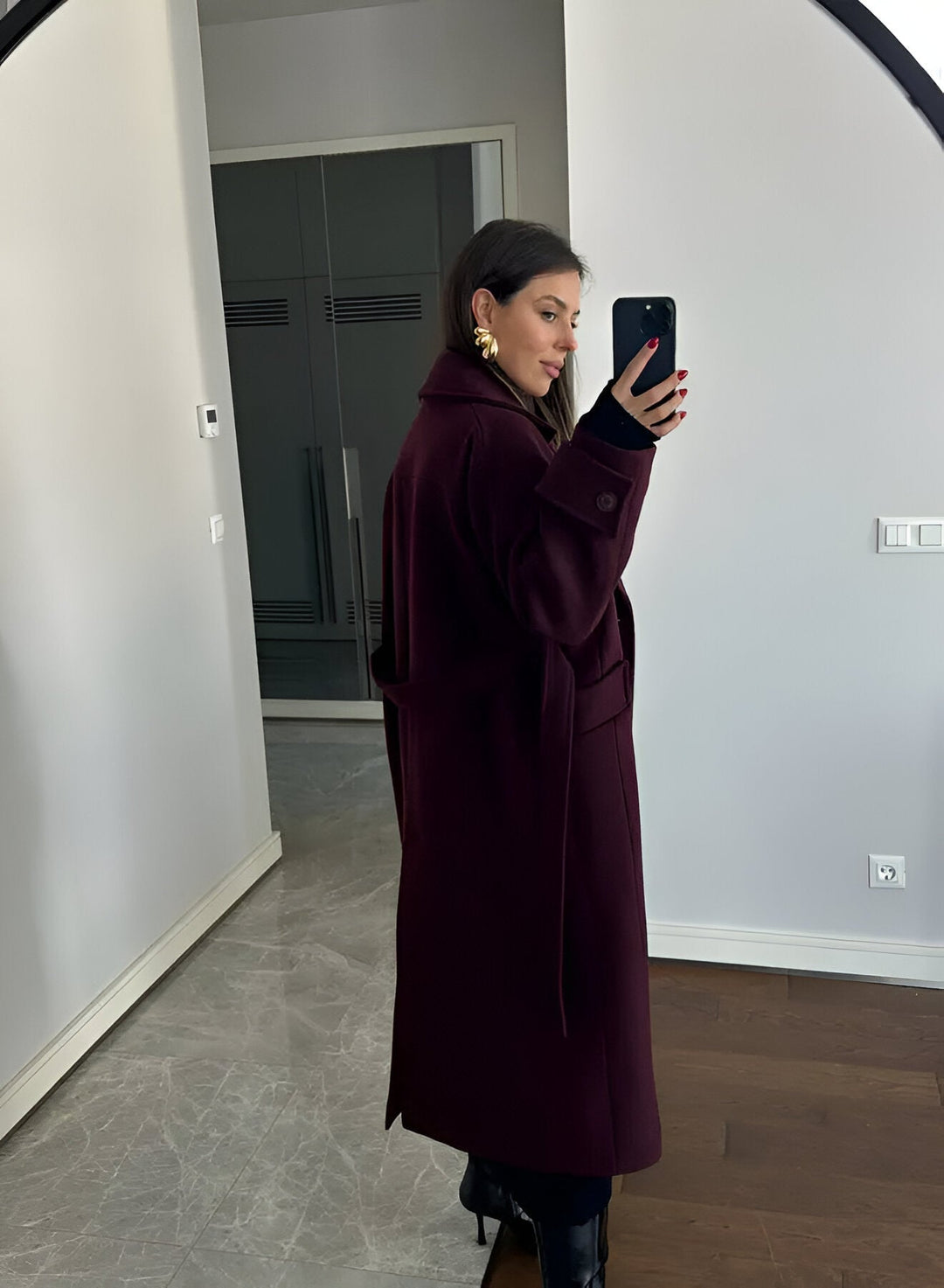 Women's Burgundy Long Wool Blend Trench Coat – Belted Double Breasted Winter Overcoat