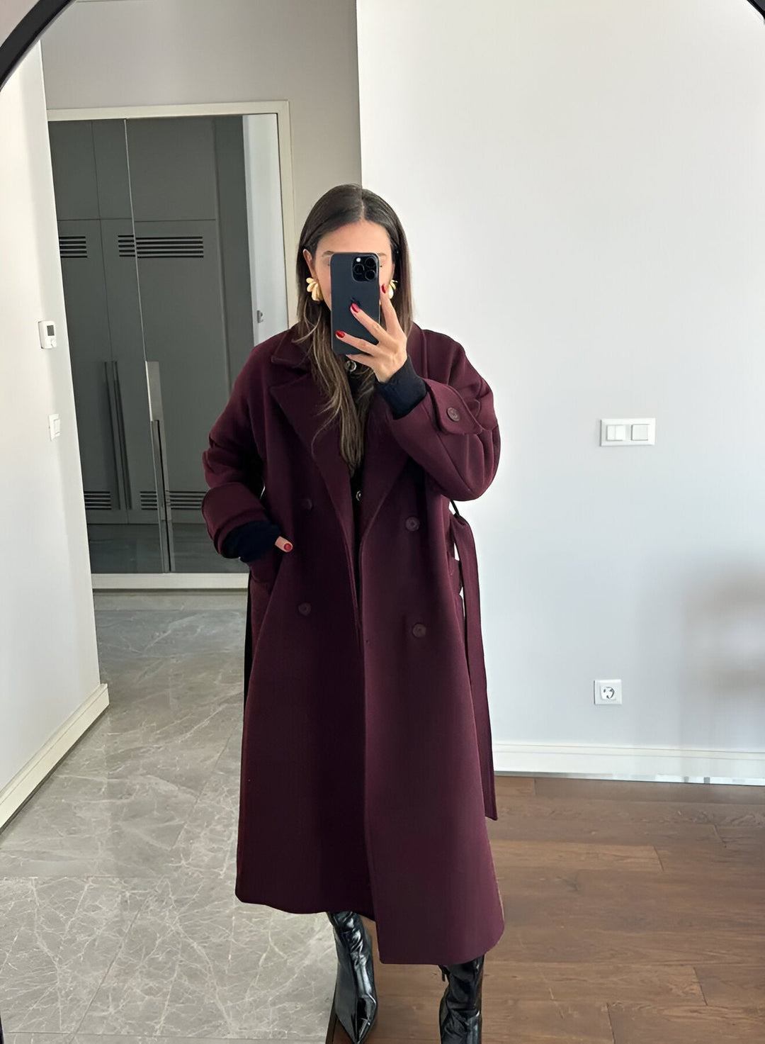 Women's Burgundy Long Wool Blend Trench Coat – Belted Double Breasted Winter Overcoat