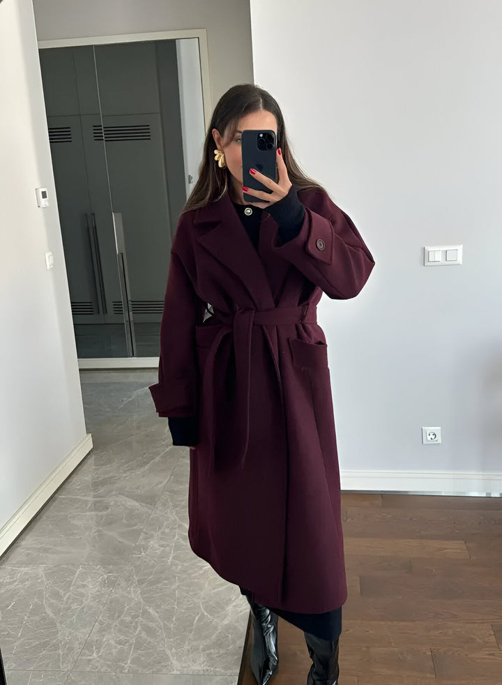 Women's Burgundy Long Wool Blend Trench Coat – Belted Double Breasted Winter Overcoat