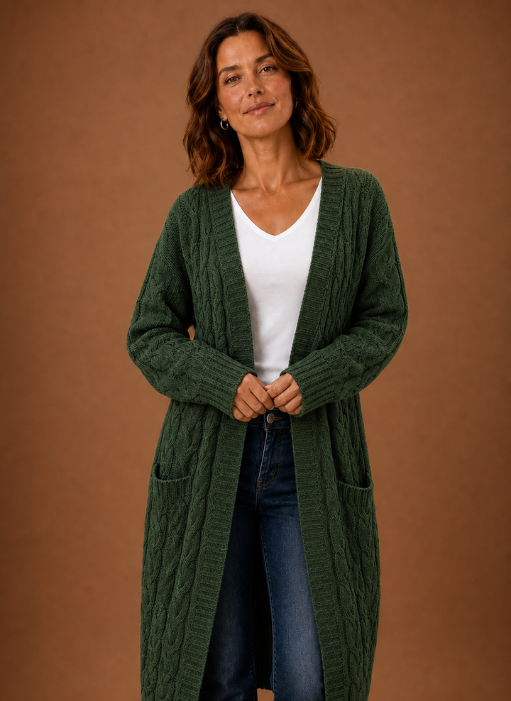 Women's Hooded Long Cable Knit Cardigan