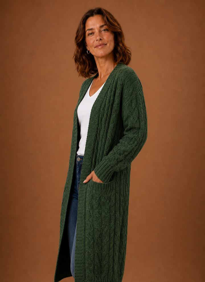 Women's Hooded Long Cable Knit Cardigan
