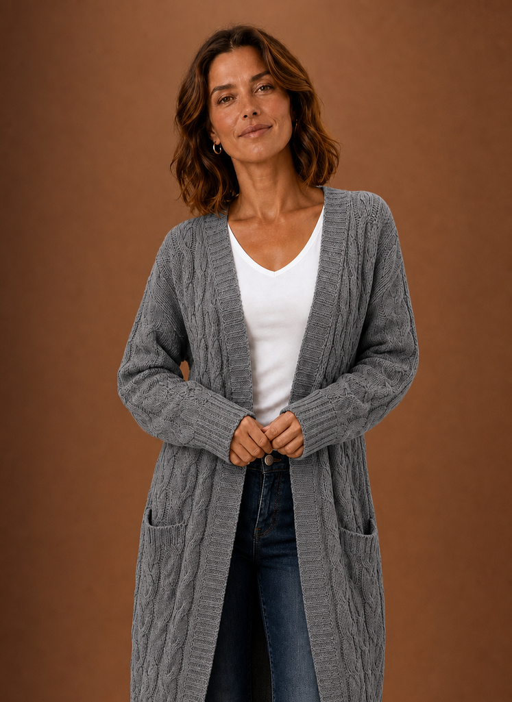 Women's Hooded Long Cable Knit Cardigan