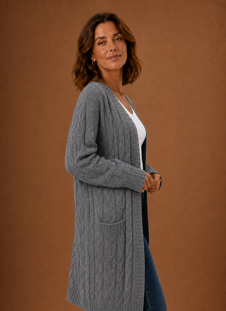 Women's Hooded Long Cable Knit Cardigan