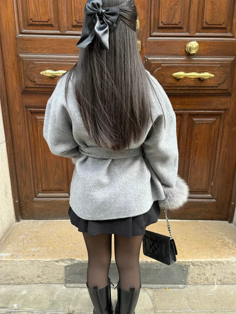 Women's Fur Cuff Wrap Coat – Elegant Belted Poncho Winter Jacket