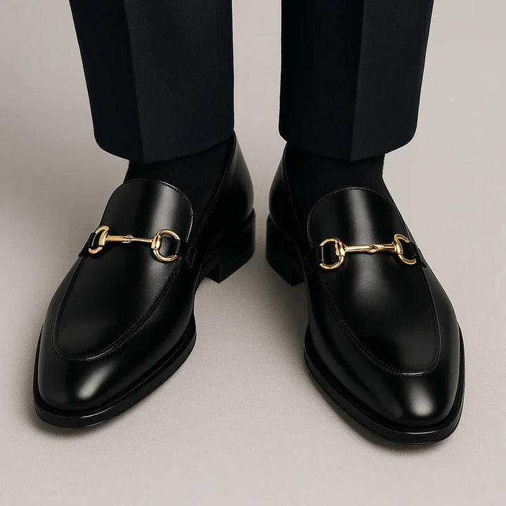 The Caernarfon Men's Black Faux Leather Horsebit Foral Loafers