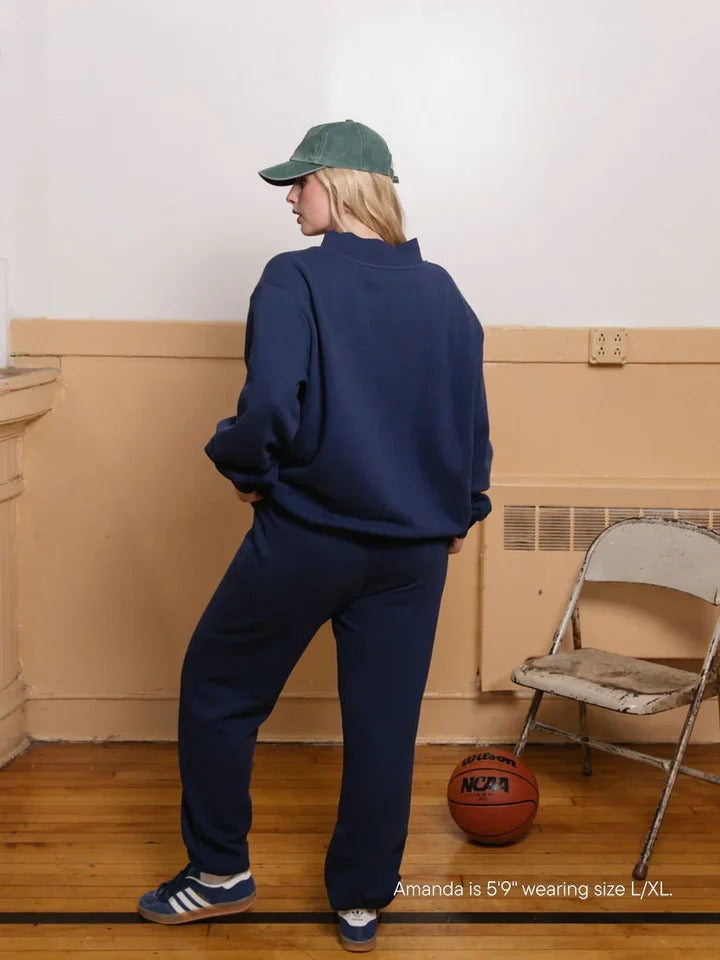 Varsity Sweatshirt with Embroidered Letters - Navy Blue